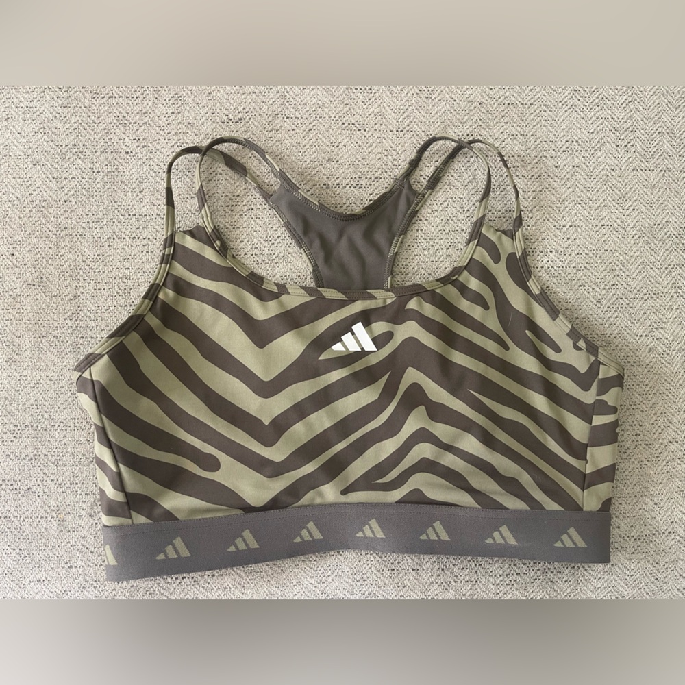Adidas Women's Zebra Pattern Sports Bra - Olive and Dark Brown